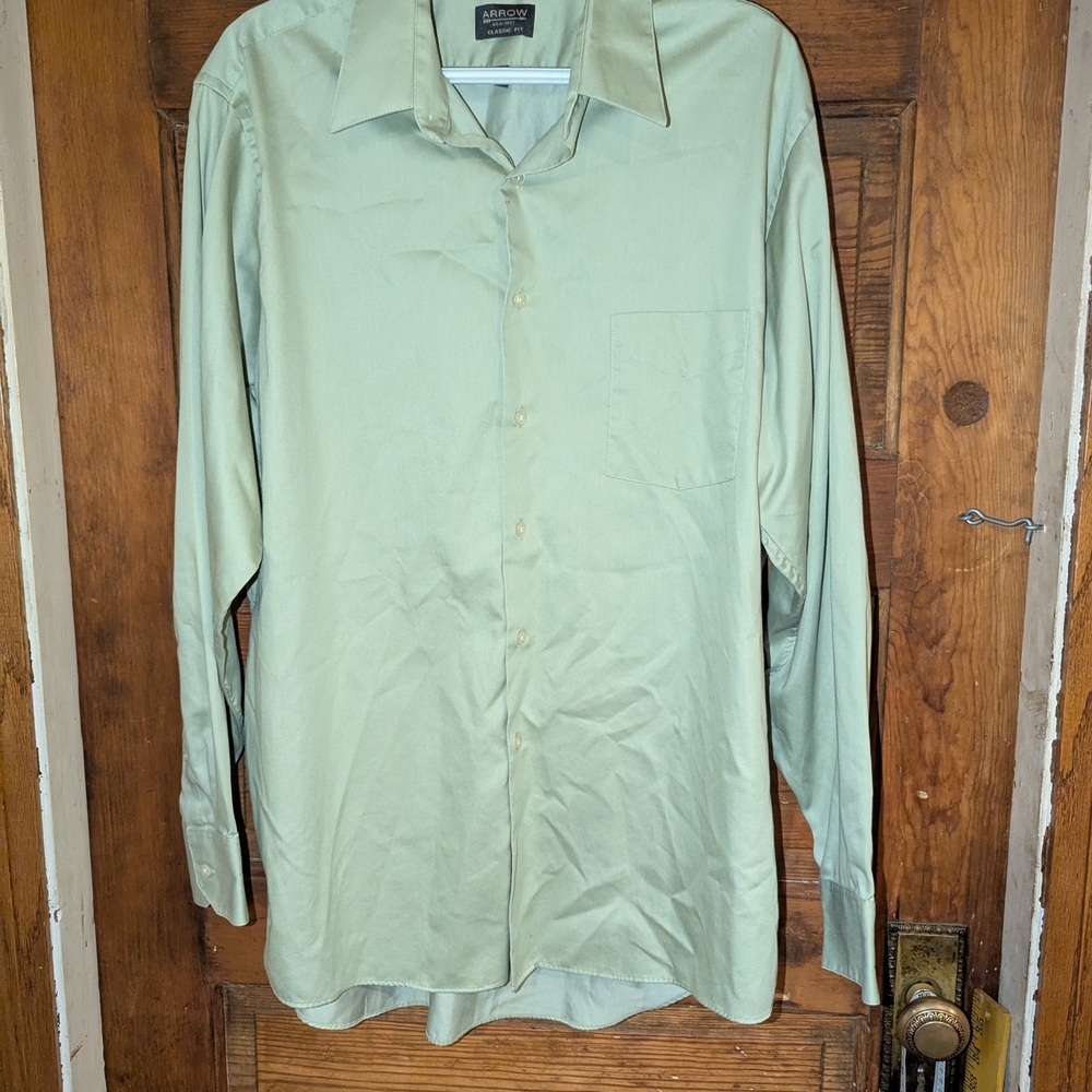 Arrow Mens‎ Size Large Green Button Down Dress Shirt Long Sleeve Collared